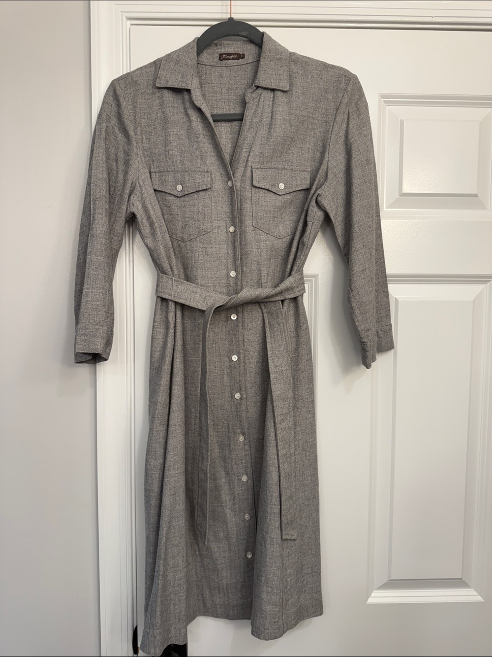 Gray Button-Front Midi Shirt Dress with Self Tie